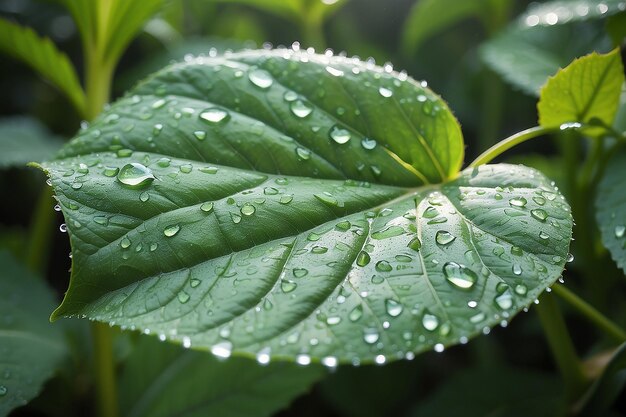 Une belle feuille verte fraîche couverte de gouttes de pluie et soulignée par le soleil La plante a une belle structure expressive