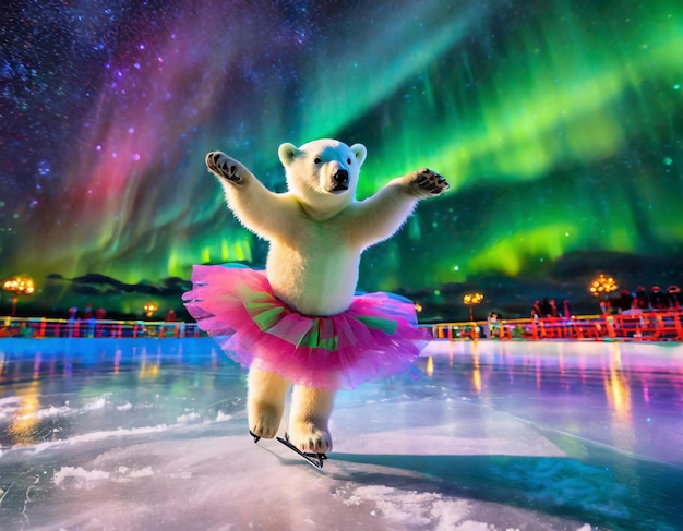 Belle figure d'ours polaire patinant sous un ciel lumineux des aurores boréales