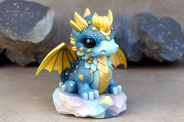 Belle figurine en pierre d'un petit dragon bleu Generative AI