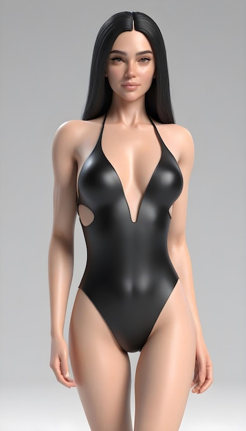 Une belle fille en 3D avec un maillot de bain noir sur fond blanc