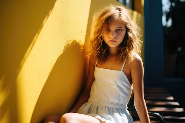 Belle fille adolescente à la mode sur fond jaune Photographie de mannequin d'été sur fond naturel jaune avec des cheveux blonds bouclés