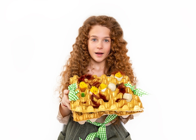 Belle fille adolescente rousse avec des boucles afro ondulées tenant un panier de Pâques fait maison avec des poulets et des œufs en studio