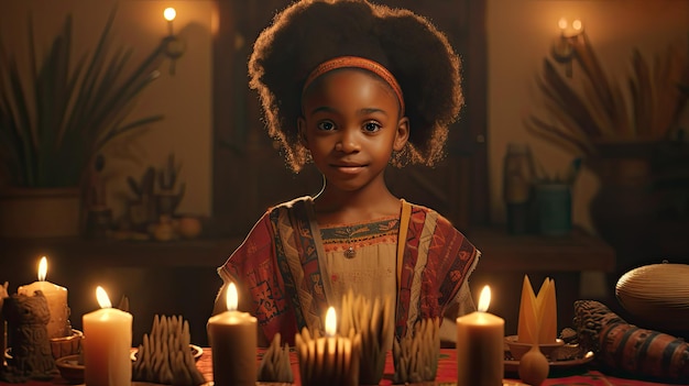 Belle fille africaine entourée de bougies traditionnelles célébrant Kwanzaa