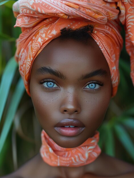 Photo belle fille africaine femme noire à la peau foncée culture traditionnelle et vêtements turban beauté naturelle