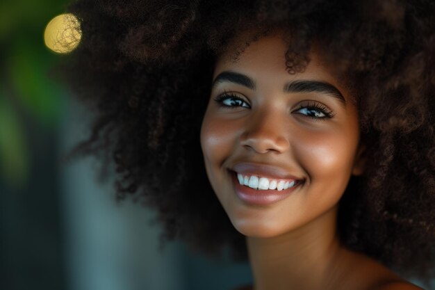Une belle fille afro-américaine avec une coiffure afro souriant avec atmosphère