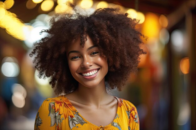 Belle fille afro-américaine avec une coiffure afro souriant Generative Ai