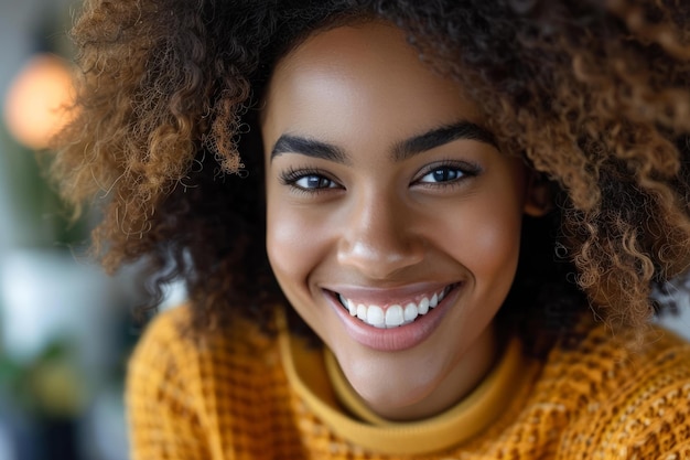 Photo une belle fille afro-américaine d'une vingtaine d'années sourit pour une photo à la maison.