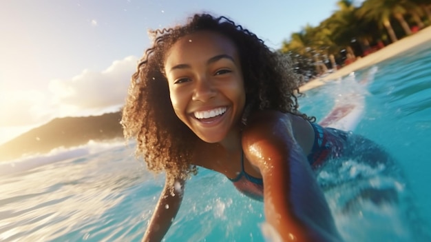 Belle fille afro surfant sur les vagues