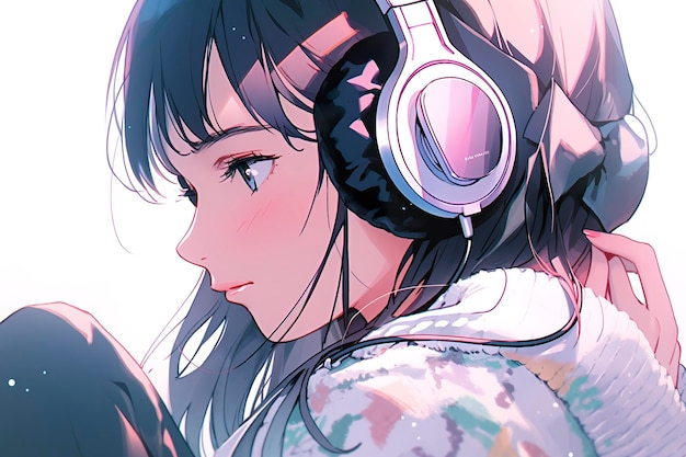 Belle fille anime écoutant de la musique hip hop Lofi avec un casque dessin animé AI Generative