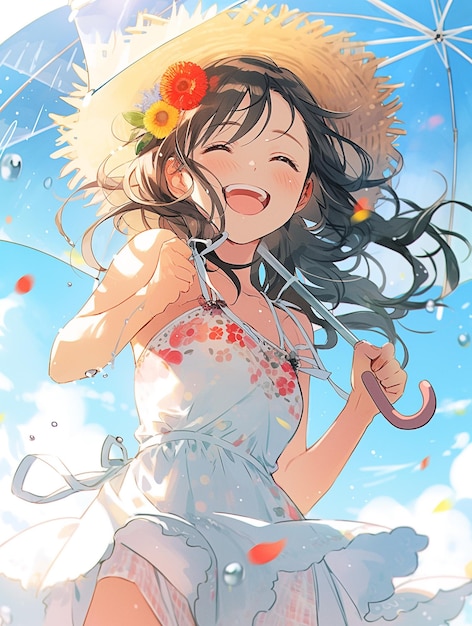 Photo belle fille apporte un parapluie personnage de style anime