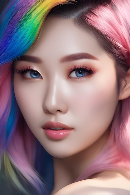 Belle fille asiatique aux cheveux arc-en-ciel