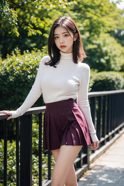 Une belle fille asiatique aux longues jambes porte une pose d'uniforme scolaire en regardant la caméra