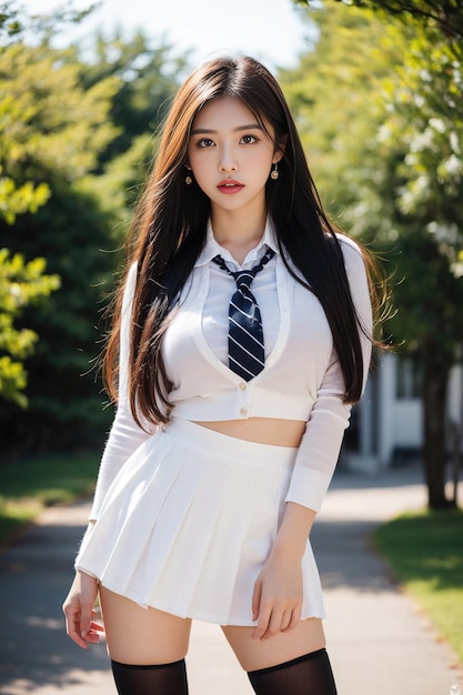 Une belle fille asiatique aux longues jambes porte une pose d'uniforme scolaire en regardant la caméra