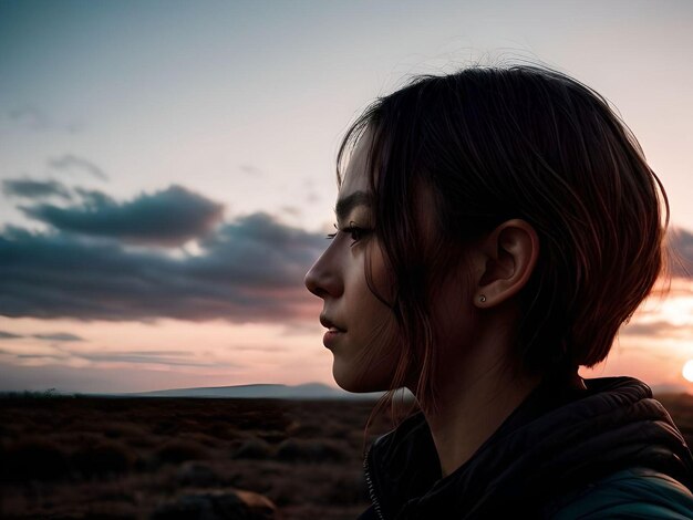 Belle fille asiatique avec des boucles d'oreilles pendant le coucher du soleil dans le portrait du désert