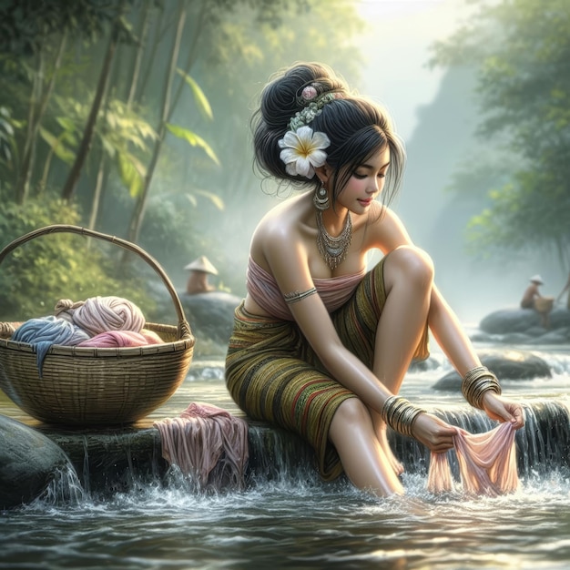 une belle fille asiatique dans la rivière qui lave des vêtements