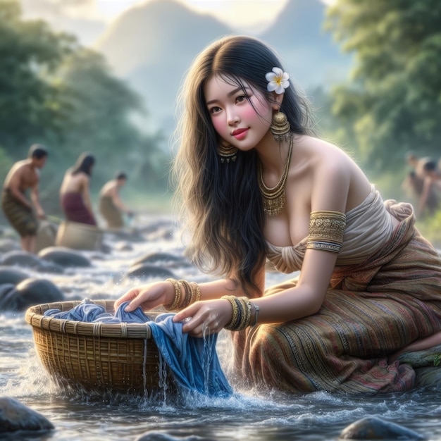 une belle fille asiatique dans la rivière qui lave des vêtements