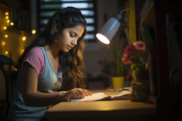 Belle fille asiatique indienne enfant lisant un livre et souriant tout en faisant ses devoirs scolaires