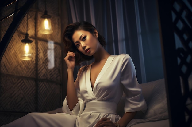 Une belle fille asiatique portant une robe de nuit dans une chambre confortable.