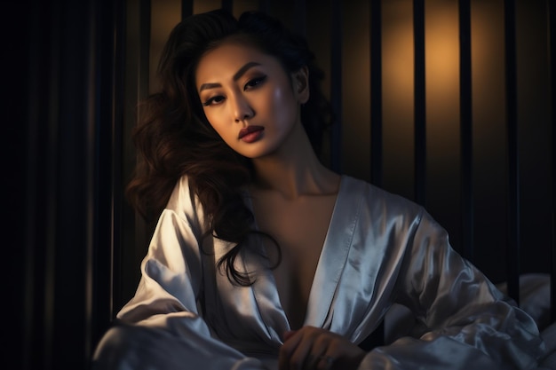 Une belle fille asiatique portant une robe de nuit dans une chambre confortable.