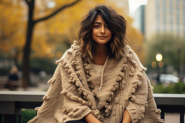 Une belle fille assise sur un banc dans le parc portant un poncho crocheté grossier