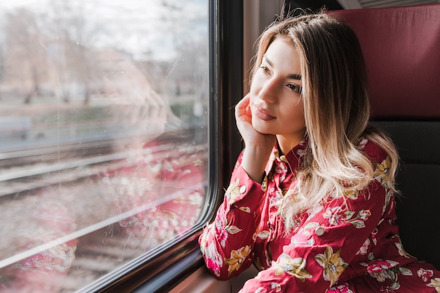 Belle Fille Assise Seule Dans Un Train Et Regarde Tristement Par La Fenêtre