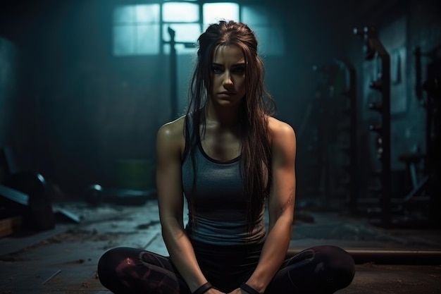 Une belle fille athlétique fait des exercices de force et de cardio Cours avec un entraîneur dans la salle de gym avec des chaînes d'haltères et des bandes élastiques, des pompes et des barres parallèles Photo dramatique d'une athlète féminine