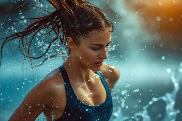 Une belle fille athlétique en tenue de sport court sous la pluie.