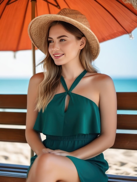 Une belle fille attrayante assise sur un banc de plage.