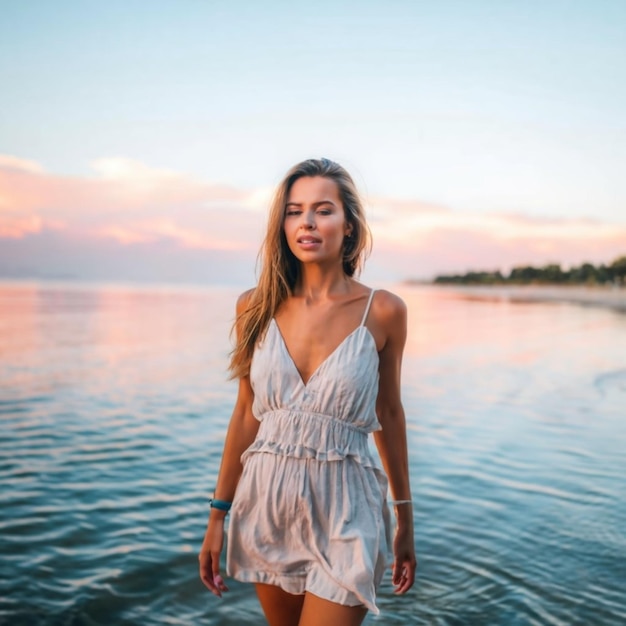 Photo belle fille attrayante sur la plage d'eau avec un beau paysage fille bikini sous l'eau