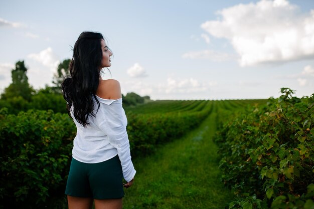 Belle fille au chapeau marchant sur une grande plantation de vignes