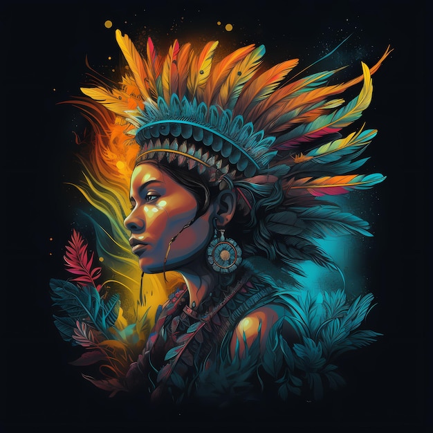 Une belle fille autochtone des Premières Nations portant une coiffure traditionnelle en plumes, une tenue tribale et un caillot