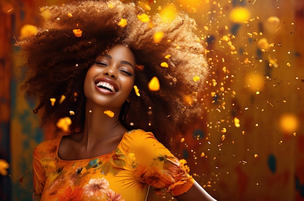 Belle fille aux cheveux afro dansant avec une robe colorée en été avec des fleurs