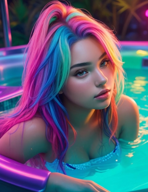 Belle fille aux cheveux colorés dans l'eau