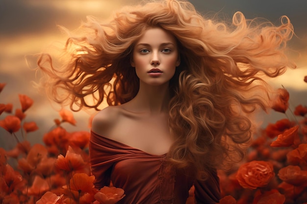 Belle fille aux cheveux magnifiques Portrait dans un champ de pavot Concept de beauté naturelle féminine et d'unité