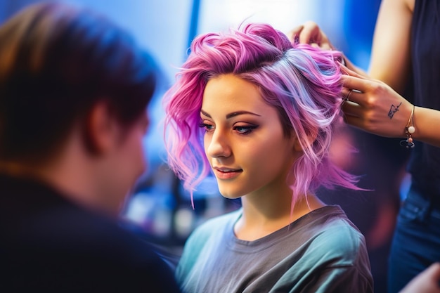 Une belle fille aux cheveux roses au coiffeur AI générative