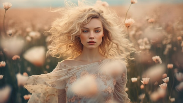 Belle fille aux cheveux volants dans un champ avec portrait de fleurs Photo de haute qualité