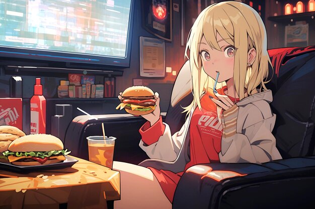 Photo une belle fille aux grands yeux mange un hamburger assise sur le canapé anime