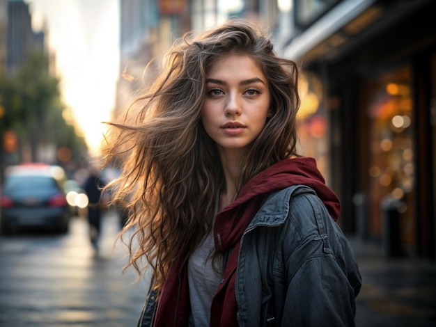 Une belle fille aux longs cheveux ondulés en ville.