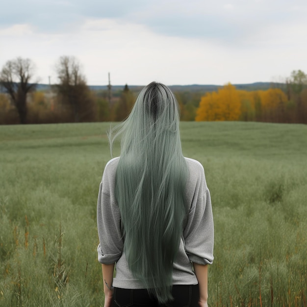 Belle fille aux longs cheveux verts sur fond de champs de paysage de prairie verte