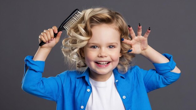 Photo belle fille ayant un pinceau dans ses cheveux blonds bouclés chics portant une chemise bleue et un t-shirt blanc