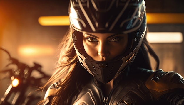 Belle fille biker gros plan sur le fond d'une moto