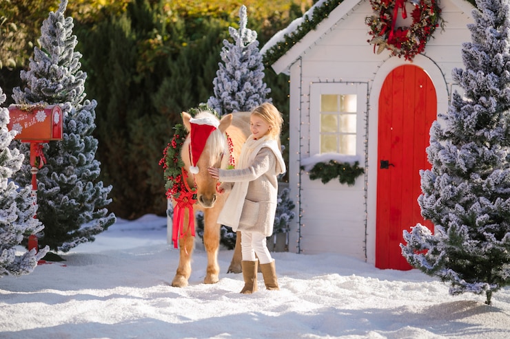 Photo belle fille blonde bouclée et adorable poney avec couronne festive près de la petite maison