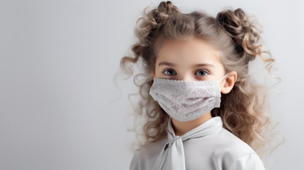 Une belle fille blonde bouclée portant un masque protecteur de dentelle contre le coronavirus de l'épidémie de covid19