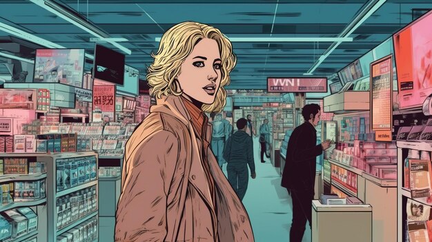 Une belle fille blonde fait la queue au magasin Concept fantastique Peinture d'illustration