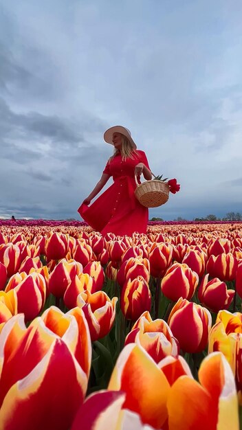 Une belle fille blonde en robe rouge et un chapeau de paille blanc avec un panier de osier sur des champs de tulipes colorés