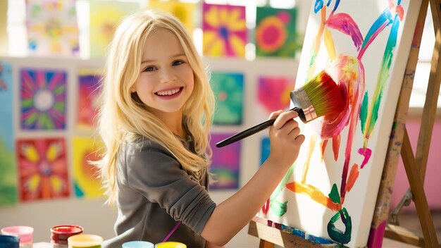 Photo une belle fille blonde souriante et joyeuse peint un tableau avec un pinceau