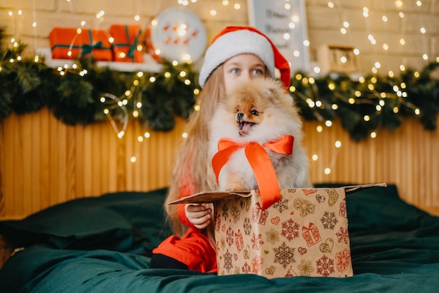 Belle fille en bonnet de Noel a eu un chiot comme cadeau pour le Nouvel An, la magie de Noël et le miracle, les rêves deviennent réalité