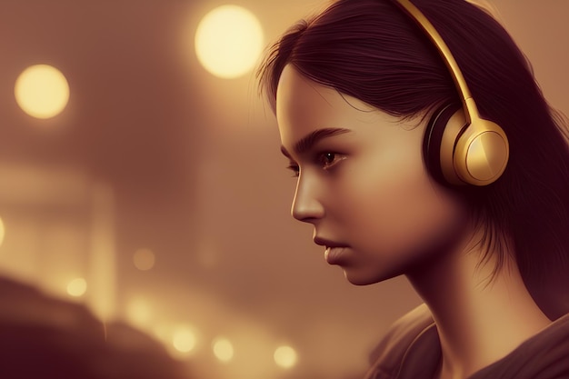 Belle fille avec un casque Une femme écoute de la musique