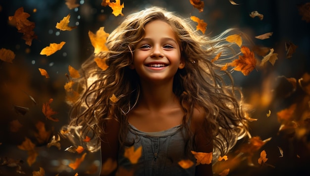 Belle fille caucasienne aux longs cheveux bouclés adorable enfant mignon parmi les feuilles à l'extérieur en automne IA générative
