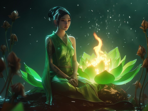 Une belle fille CG Nezha est assise vert portrait IA générative